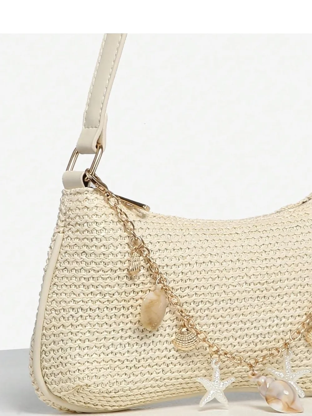 Cream Boho Seashell Beaded Straw Shoulder Bag